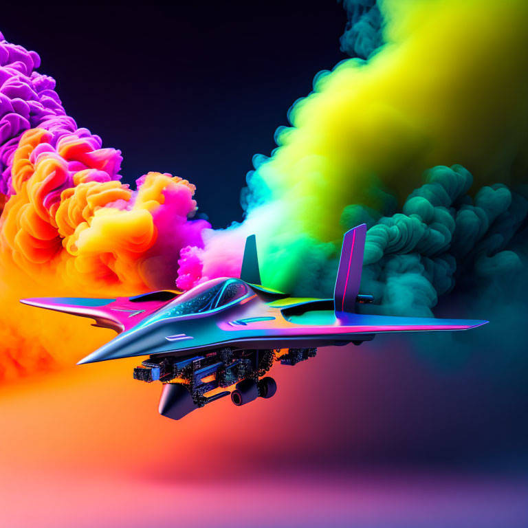 Futuristic jet with neon accents flying fast over multicolored smoke on gradient background