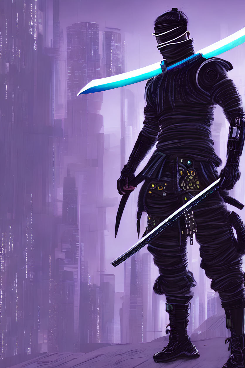 Futuristic ninja with glowing blue sword in urban setting.