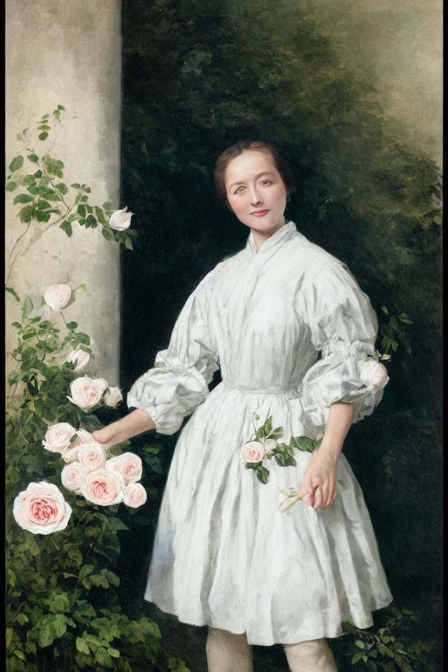 Serene woman in white vintage dress with climbing roses by column