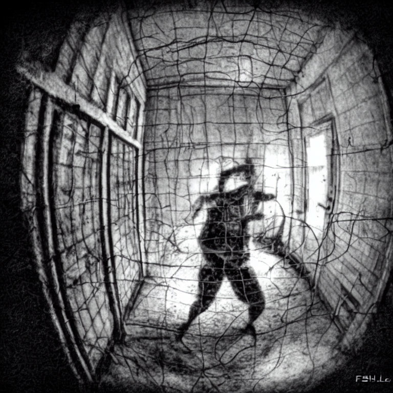 Grainy fish-eye photo of person in dimly lit hallway with cracked walls