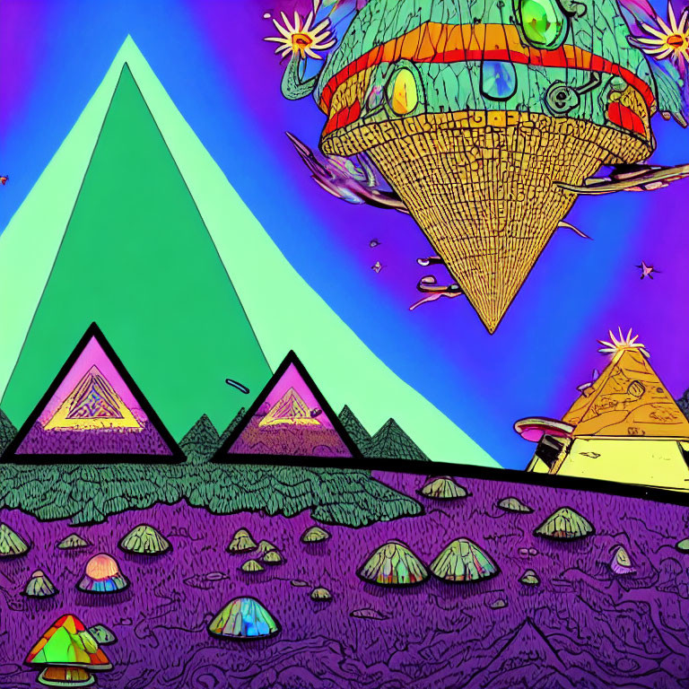 Colorful Geometric Mountains in Psychedelic Landscape