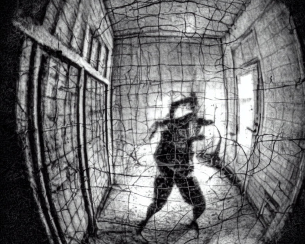 Grainy fish-eye photo of person in dimly lit hallway with cracked walls