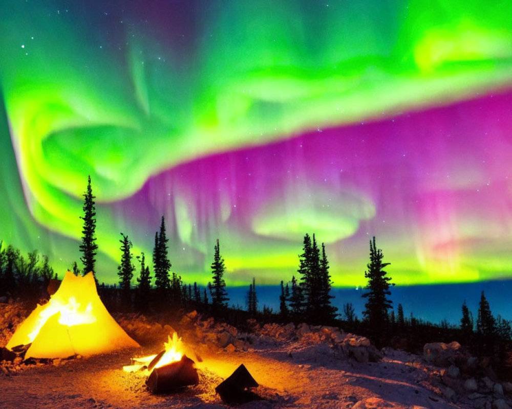 Colorful aurora borealis over glowing tent and campfire at night