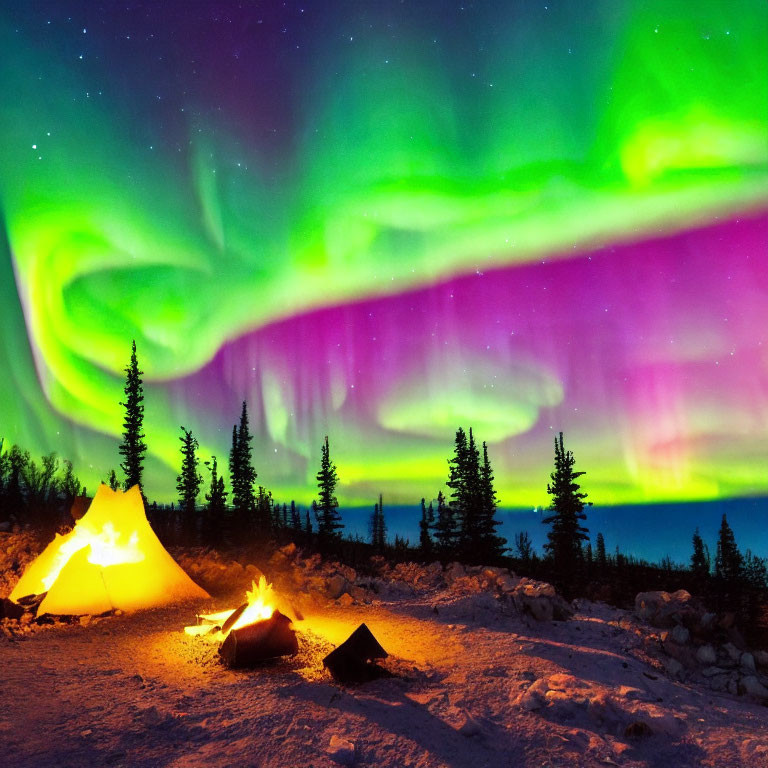 Colorful aurora borealis over glowing tent and campfire at night