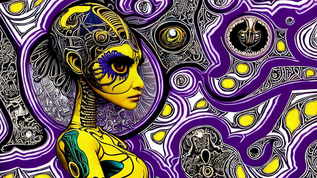 Vibrant psychedelic female figure with mechanical details on purple-yellow abstract background