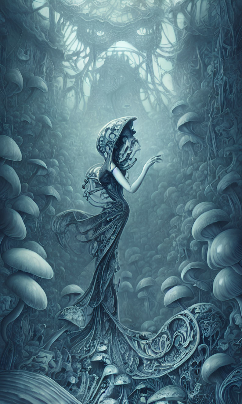 Surreal blue-toned illustration of elegant female figure in whimsical forest