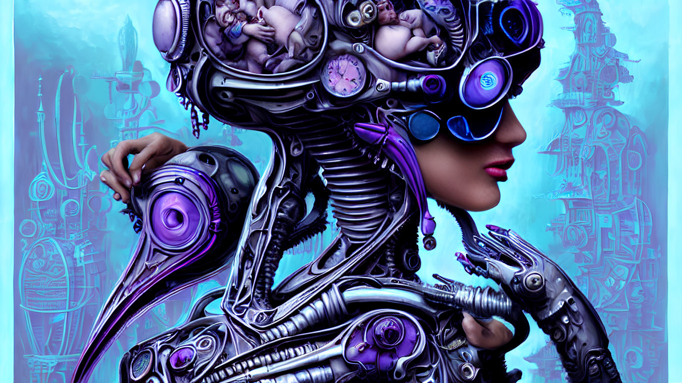 Futuristic cybernetic woman with mechanical headpiece and robotic arms