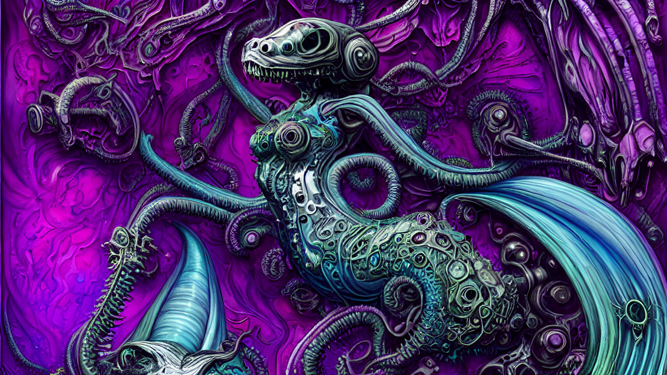 Biomechanical creature with serpentine features in purple and blue