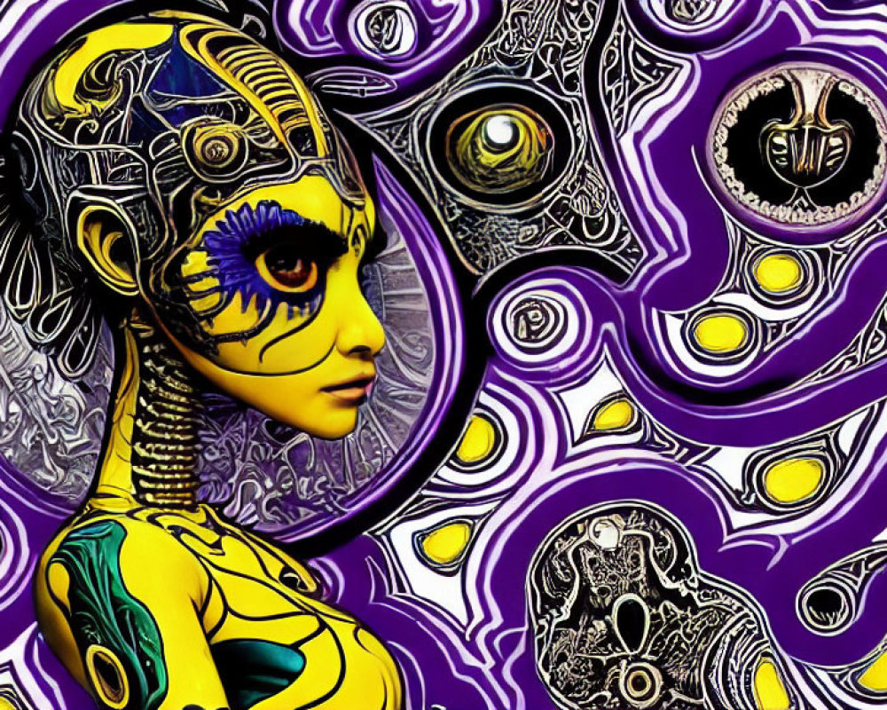 Vibrant psychedelic female figure with mechanical details on purple-yellow abstract background