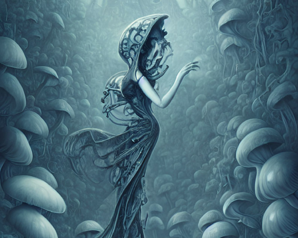 Surreal blue-toned illustration of elegant female figure in whimsical forest