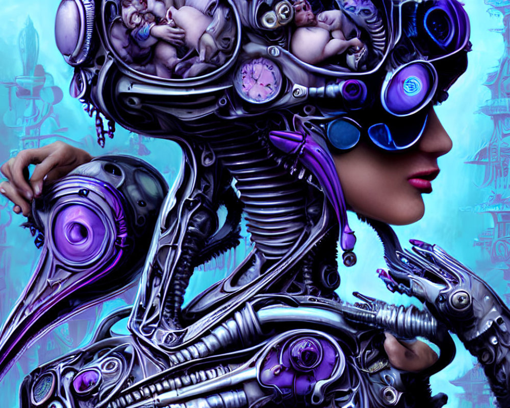 Futuristic cybernetic woman with mechanical headpiece and robotic arms