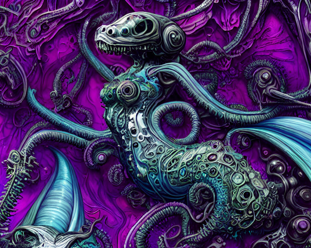 Biomechanical creature with serpentine features in purple and blue