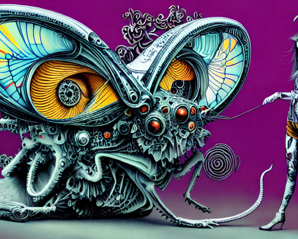 Horned figure walking alongside giant butterfly creature with mechanical details