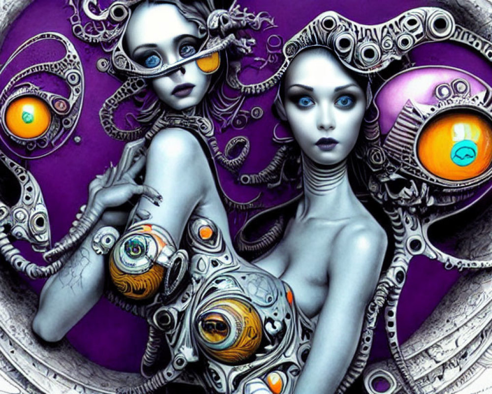 Stylized mechanical female figures with gear and circuit designs in orange and blue.