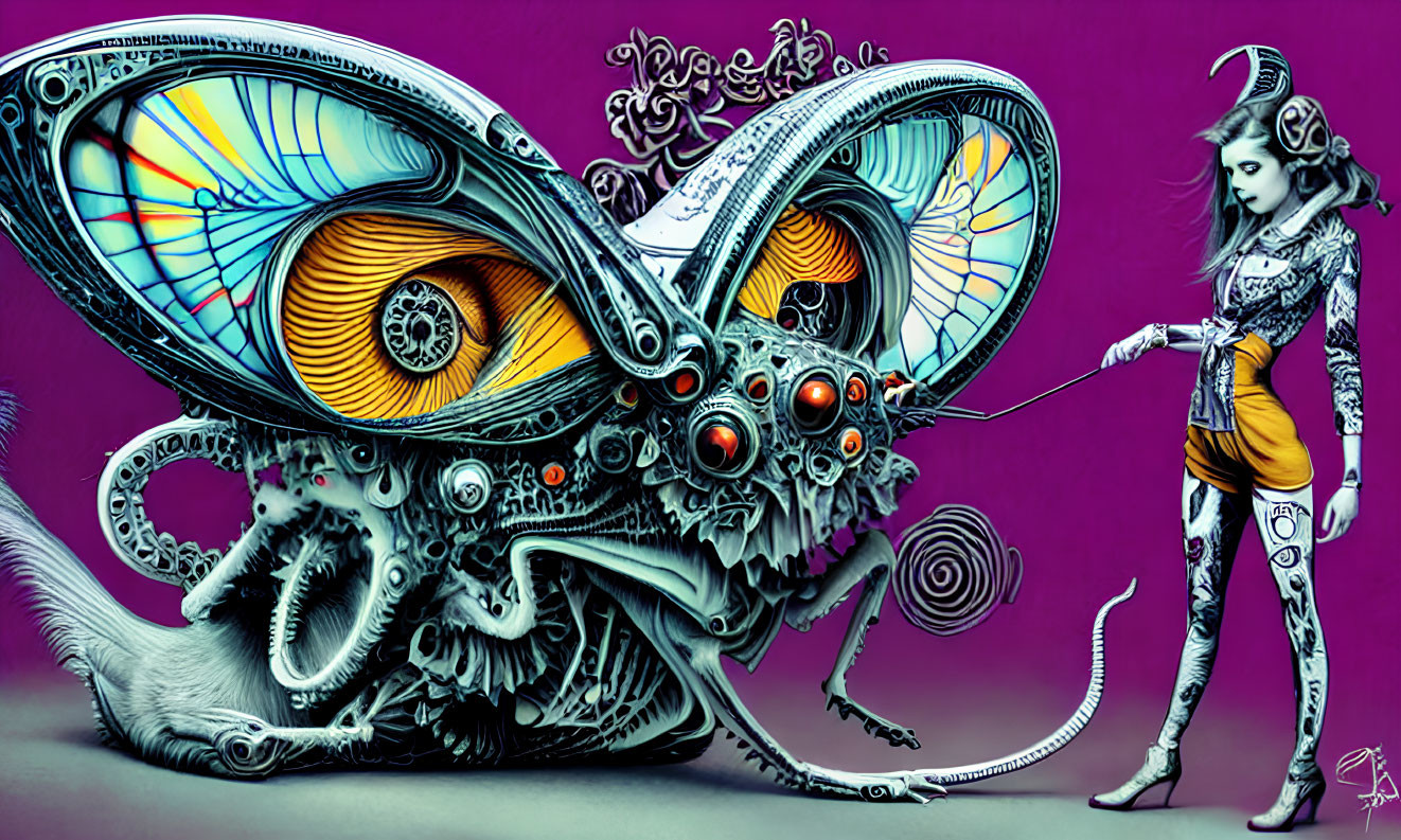 Horned figure walking alongside giant butterfly creature with mechanical details