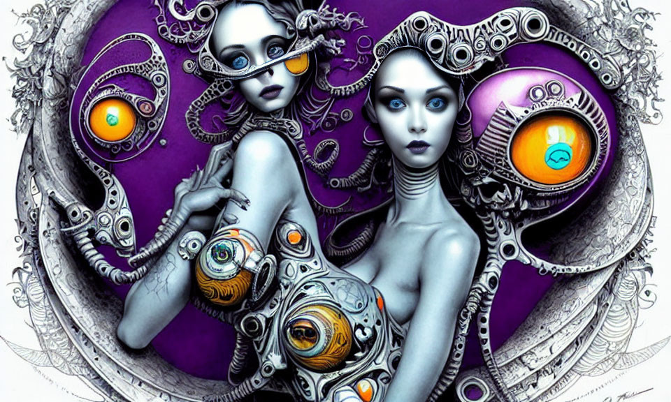 Stylized mechanical female figures with gear and circuit designs in orange and blue.