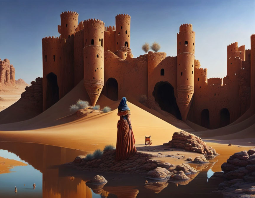 Robed Figure and Dog by Desert Oasis with Sandstone Towers