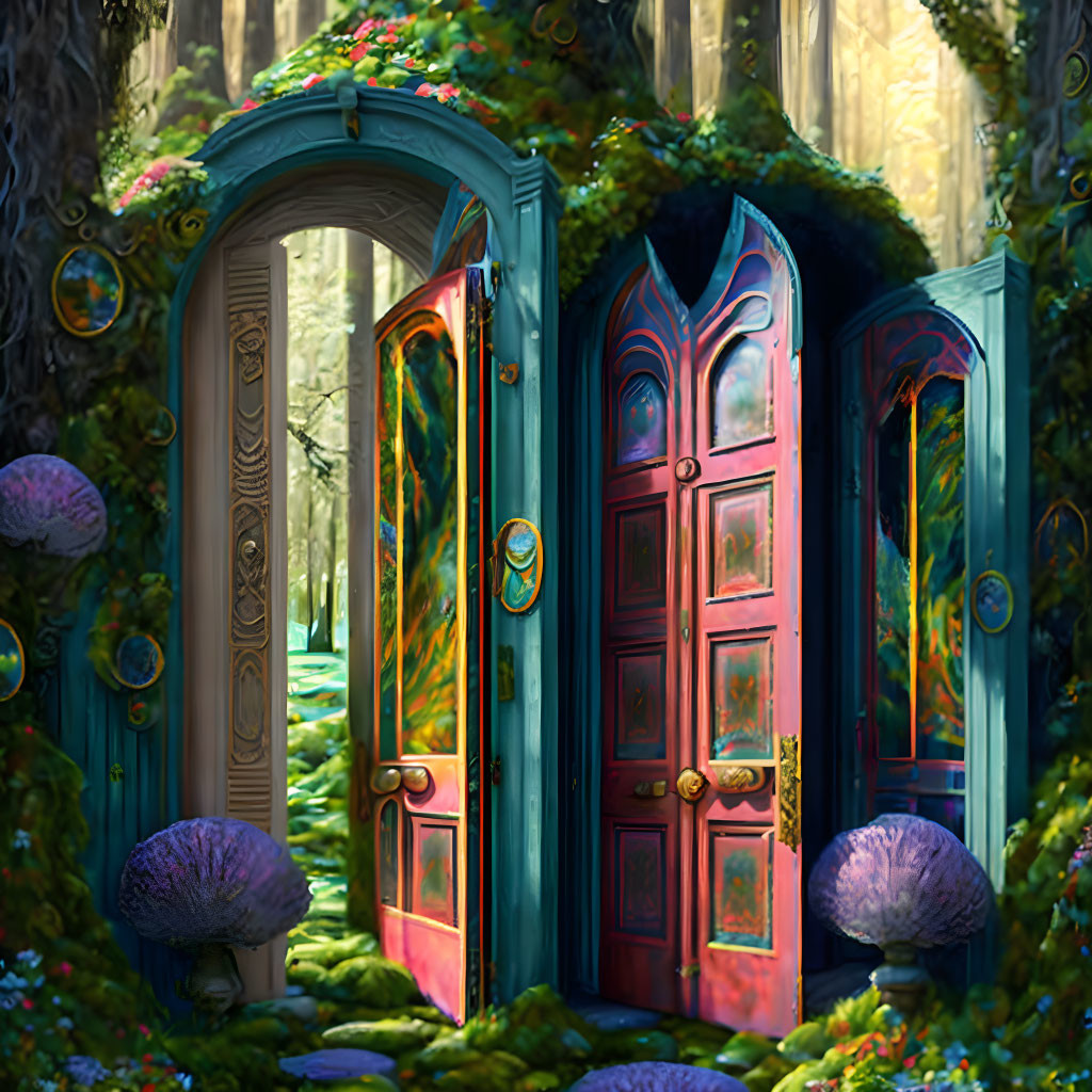 Whimsical doors reveal enchanted forest with vibrant mushrooms