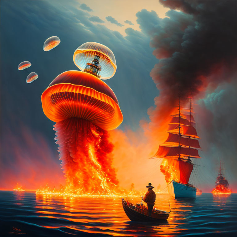 Giant jellyfish-like structures ablaze over fiery sea with ships and lone figure