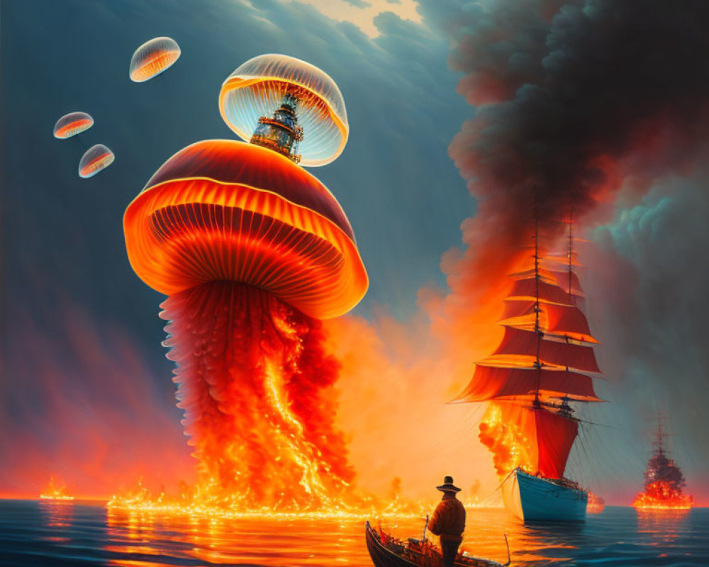 Giant jellyfish-like structures ablaze over fiery sea with ships and lone figure