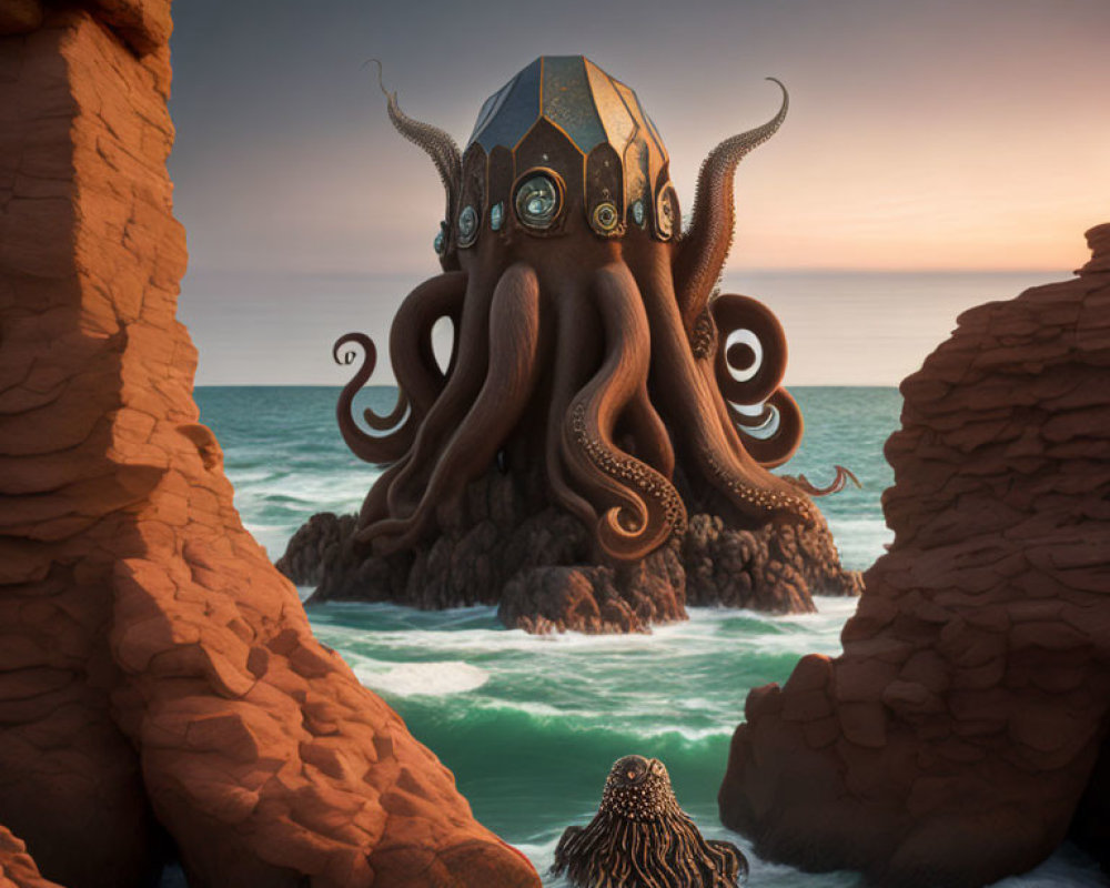 Metallic polygonal shell octopus emerges from ocean cliffs at sunset