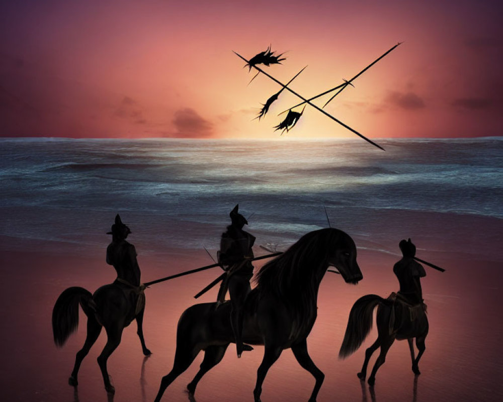 Silhouetted knights on horseback at sunset by the sea