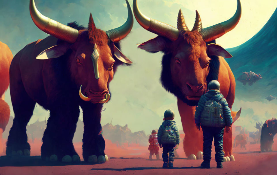 Children encounter horned creatures on alien landscape