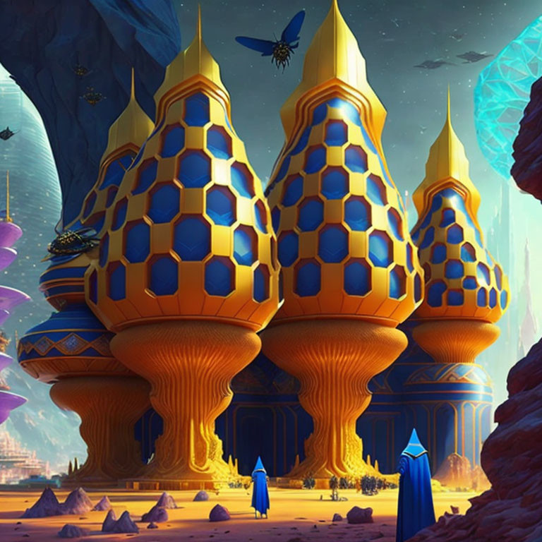 Golden-domed structures with honeycomb patterns in alien landscape.