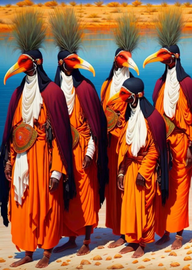 Colorful Toucan-Headed Figures in Orange Robes on Desert Background