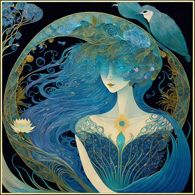 Woman with Blue Hair and Stars in Golden Frame with Bird and Flowers on Black Background