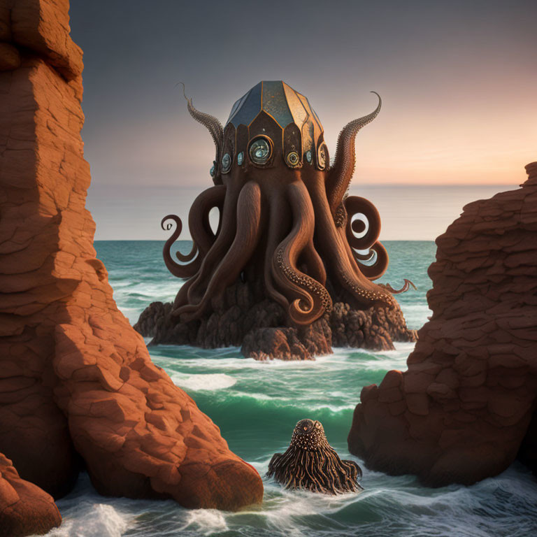 Metallic polygonal shell octopus emerges from ocean cliffs at sunset