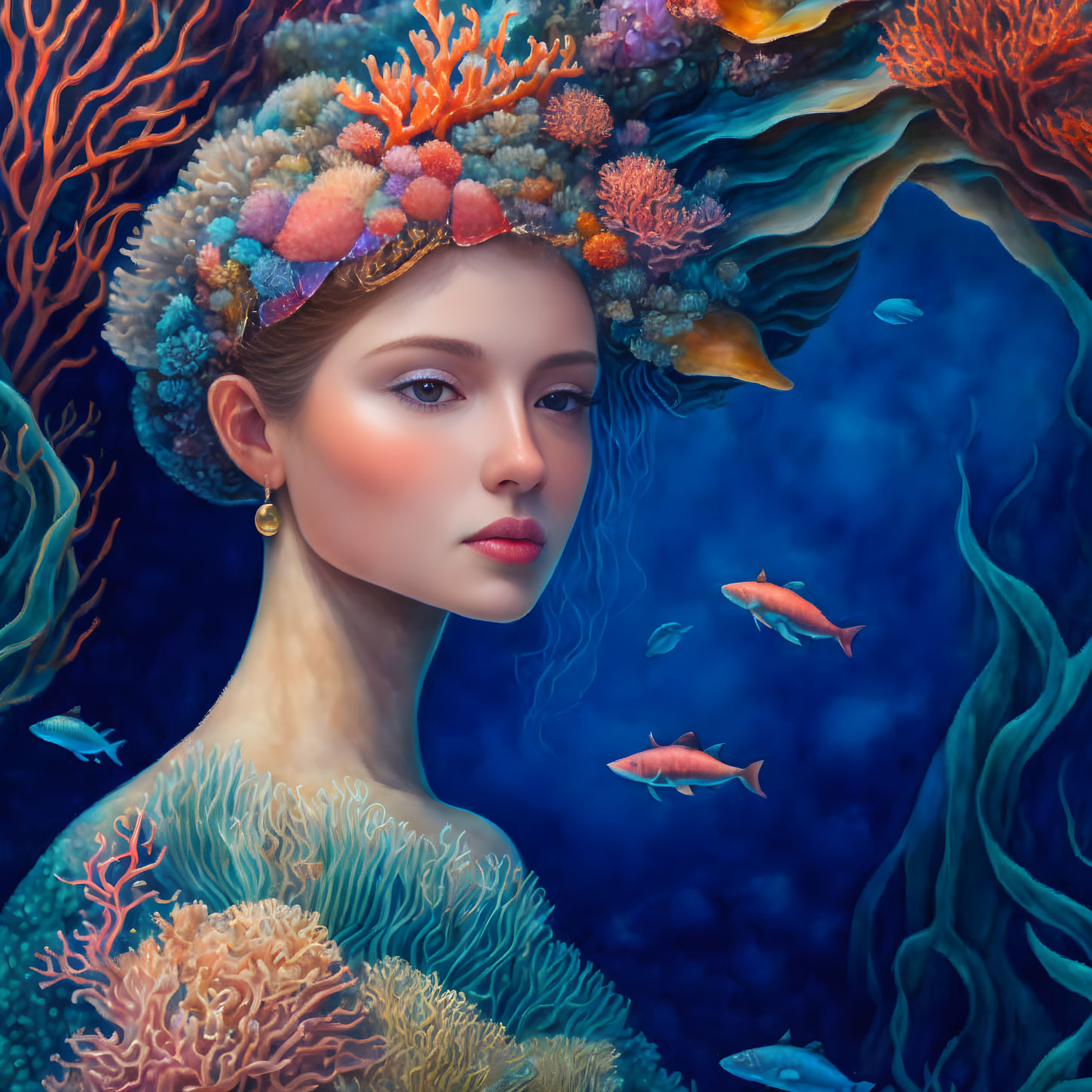 Portrait of a woman with coral reef hair and marine life in deep blue ocean.