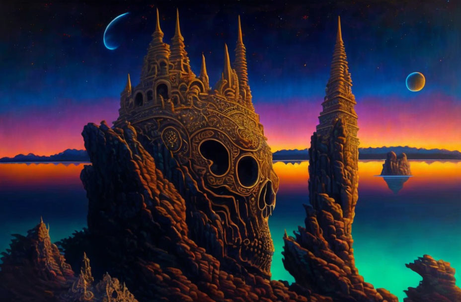 Fantastical landscape with skull-faced temple on cliff under twilight sky.