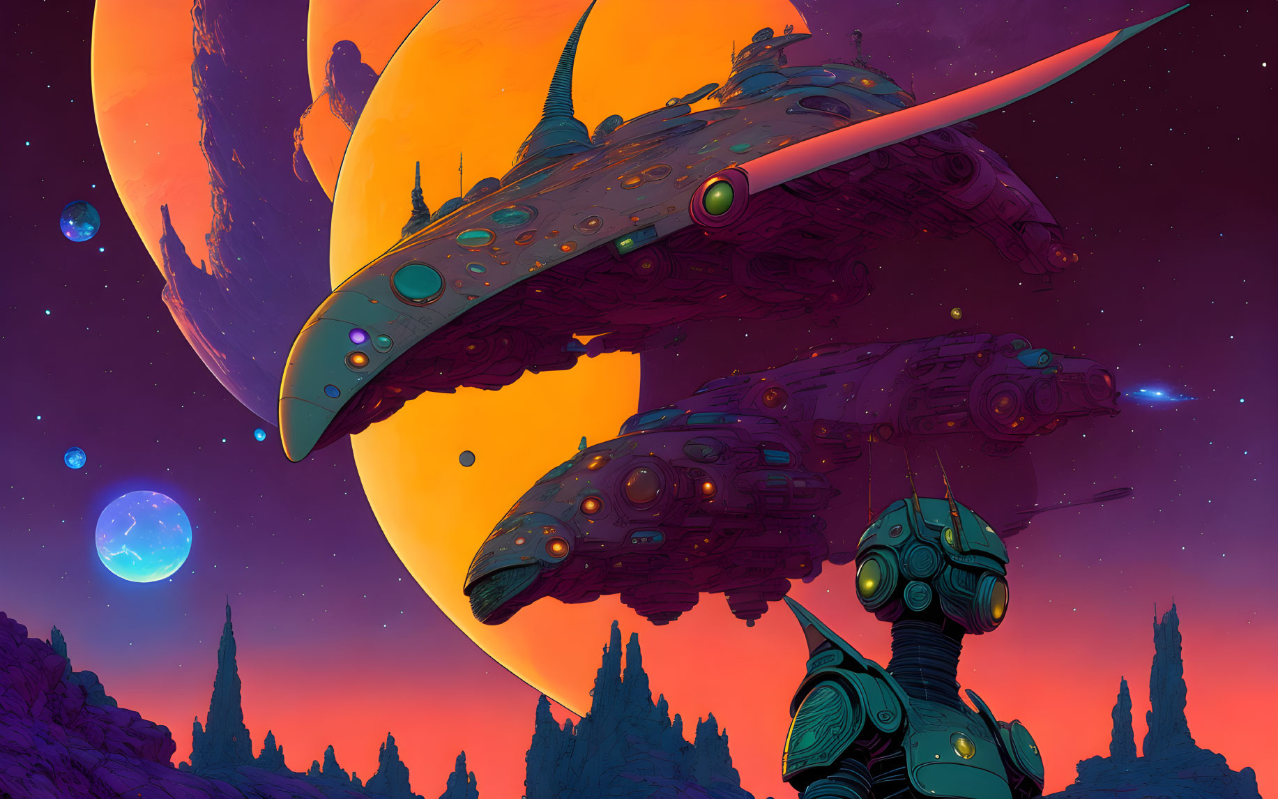 Sci-fi landscape with spaceships, orange planet, purple sky