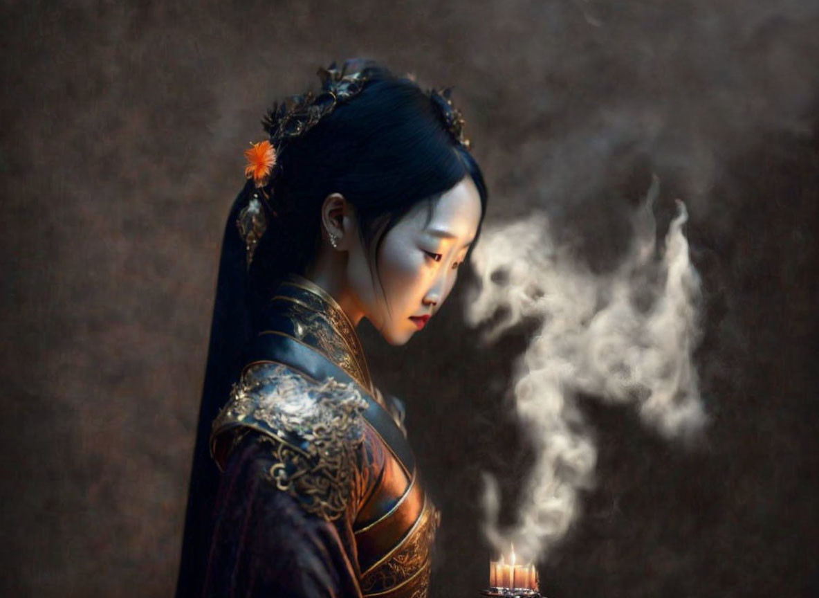 Traditional attire woman with ornate headdress in pensive pose amidst smoke on dark background