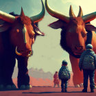 Children encounter horned creatures on alien landscape