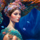 Portrait of a woman with coral reef hair and marine life in deep blue ocean.