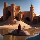 Robed Figure and Dog by Desert Oasis with Sandstone Towers