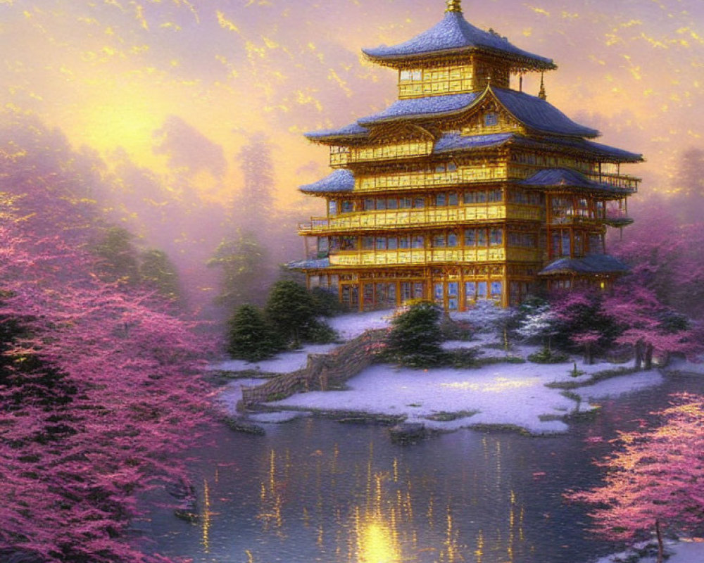 Illuminated multi-tiered pagoda with pink cherry blossoms by tranquil lake at sunset