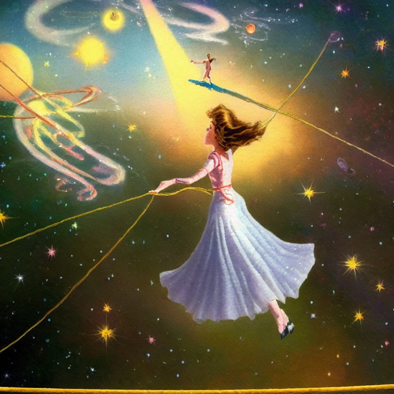 Illustration of girl on tightrope in space with floating boy