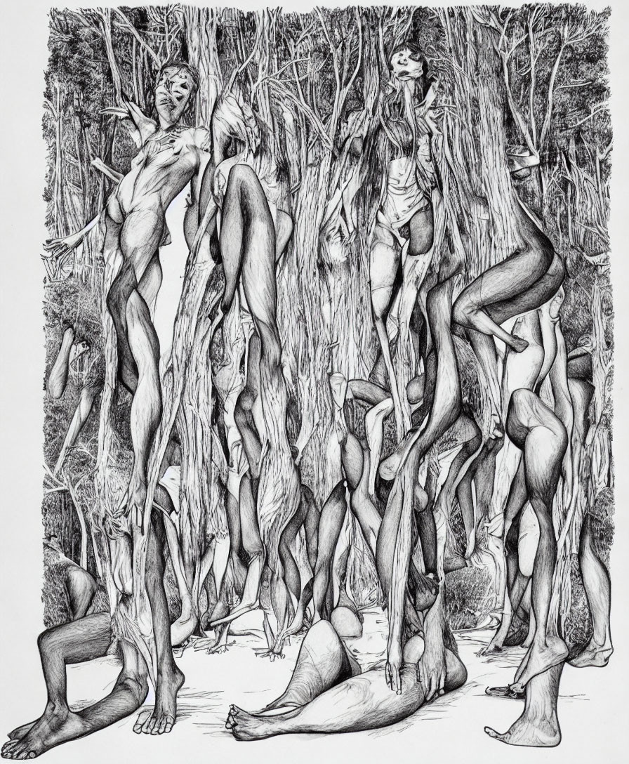 Detailed Surrealist Forest Scene with Human Figures and Tree-like Forms