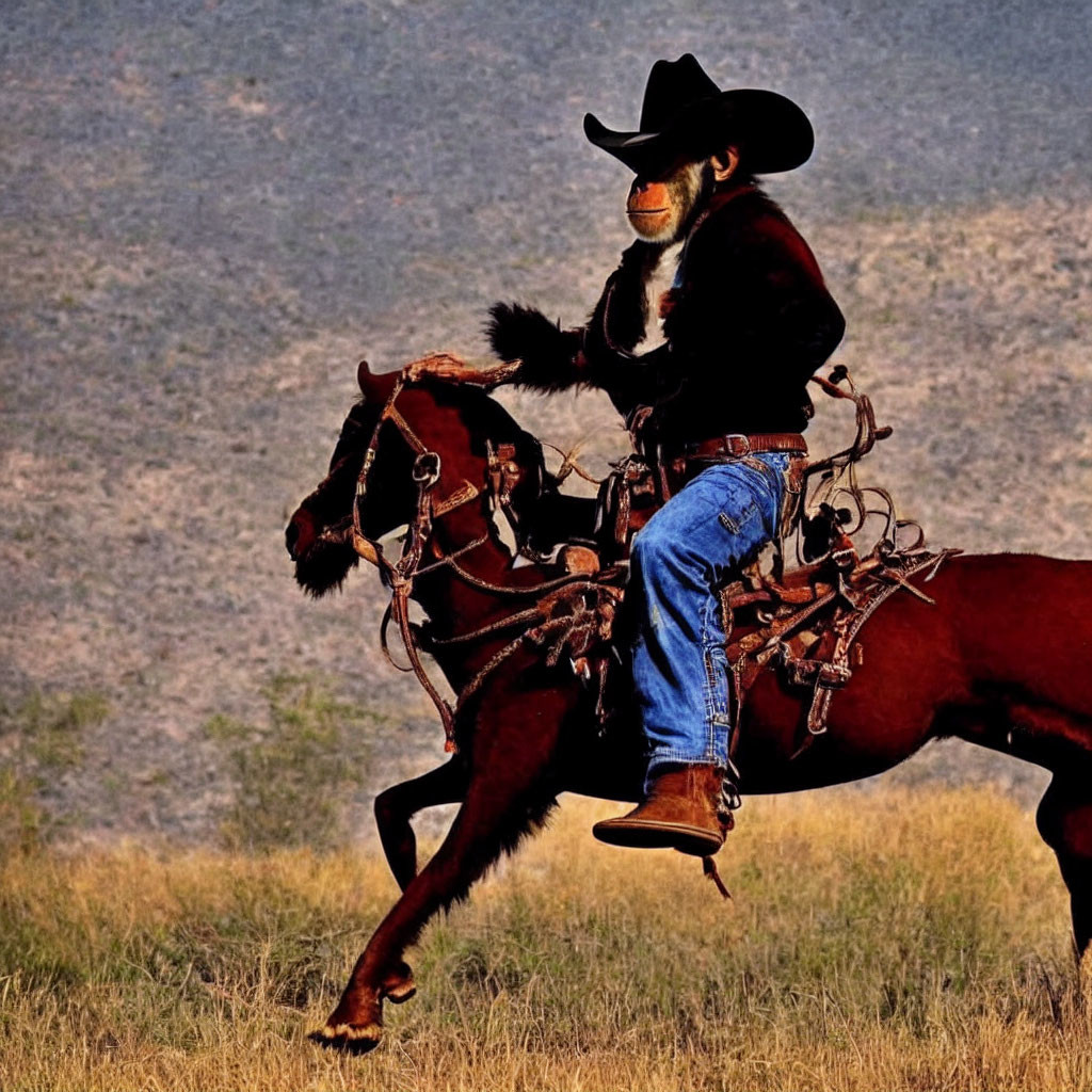 Cowboy riding galloping horse in natural landscape with hat, jeans, and jacket.