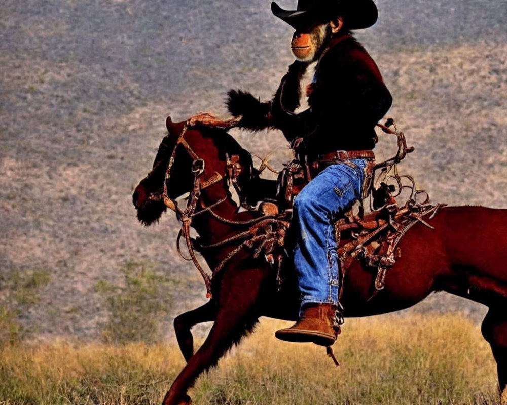 Cowboy riding galloping horse in natural landscape with hat, jeans, and jacket.