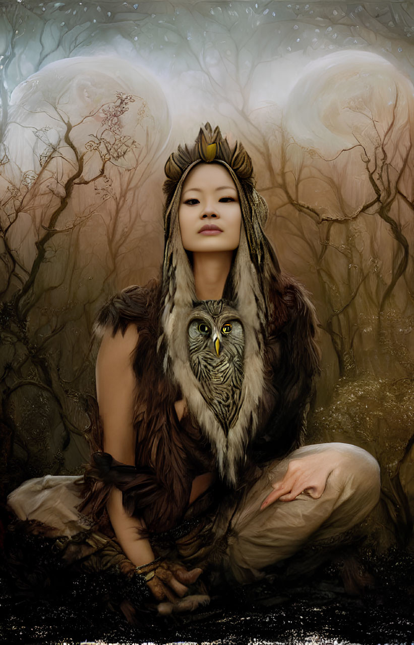 Woman in forest with owl headdress among ethereal trees