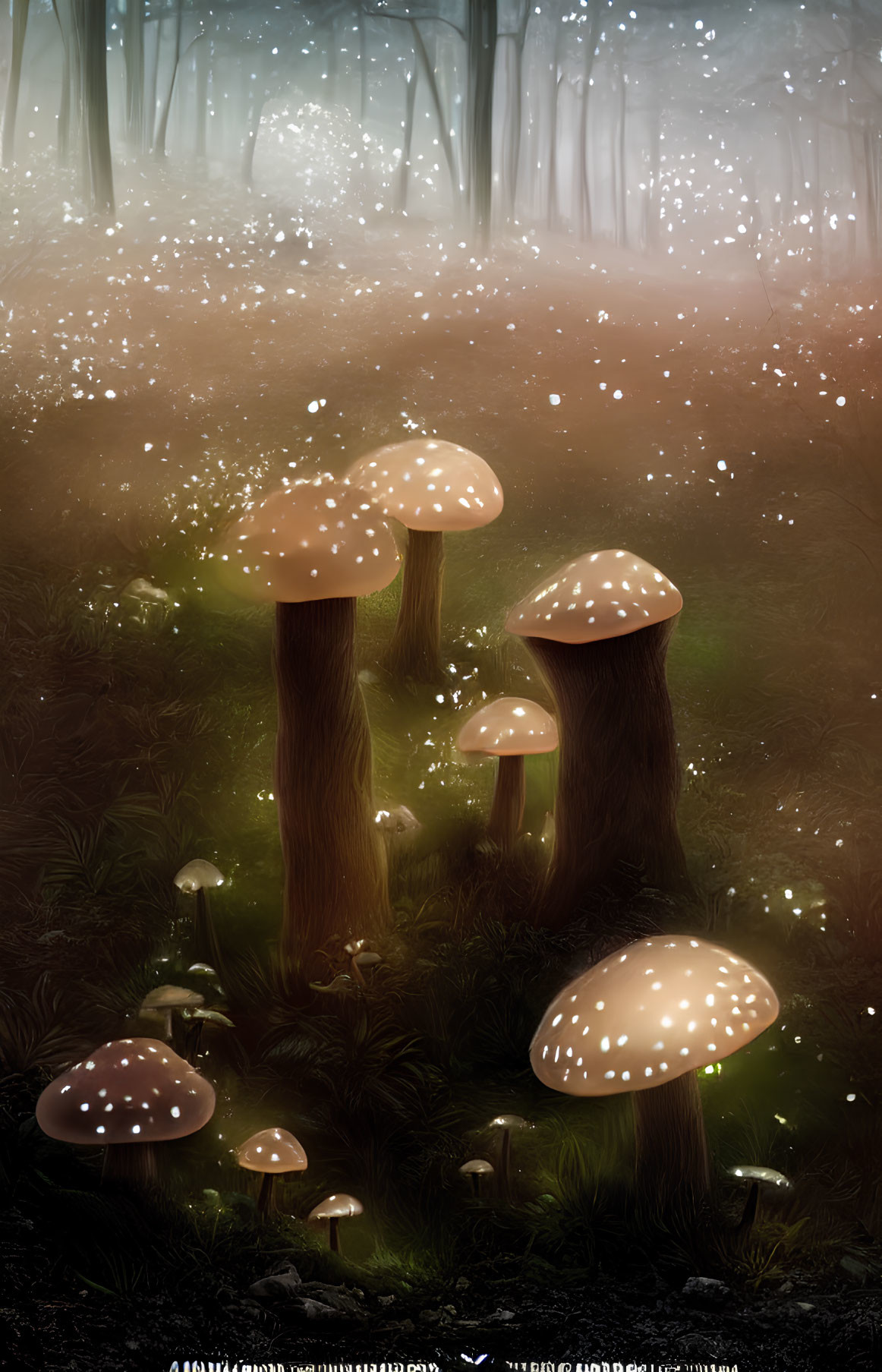 Enchanted forest with glowing mushrooms and magical mist