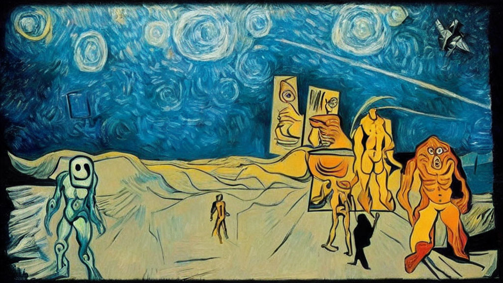 Cartoon characters in whimsical "Starry Night" reinterpretation