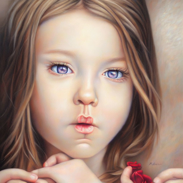 Portrait of Young Girl with Blue Eyes and Rose in Hand, Detailed Features and Soft Background