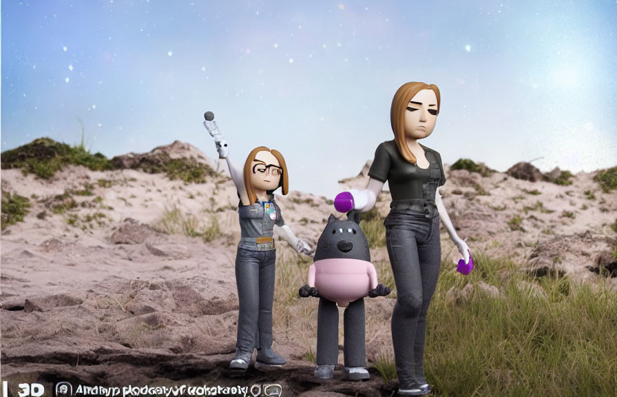 Two Female Characters and Purple Robot on Sandy Terrain under Starry Sky