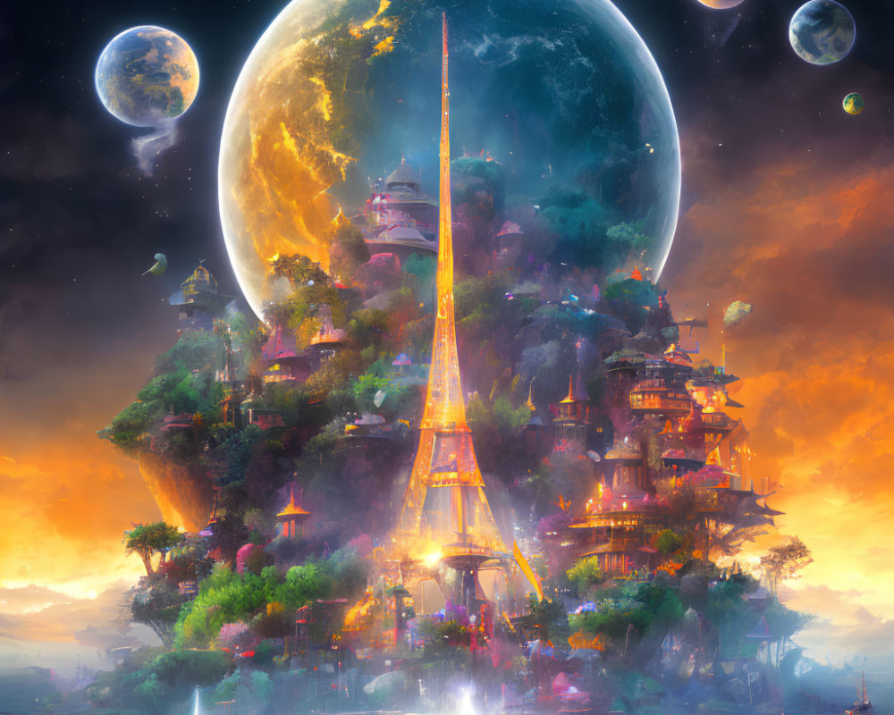 Fantastical floating island with lush greenery and advanced buildings under a dusk sky.