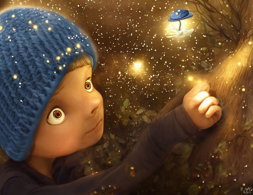 Child in Blue Beanie Observing Glowing Blue Mushroom and Magical Lights